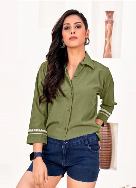 Olive Green Cotton Readymade Office Shirt
