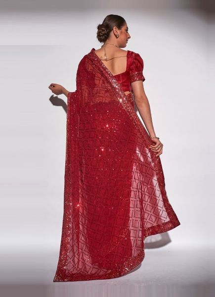 Red Georgette Thread & Sequins-Work Saree For Kitty Parties