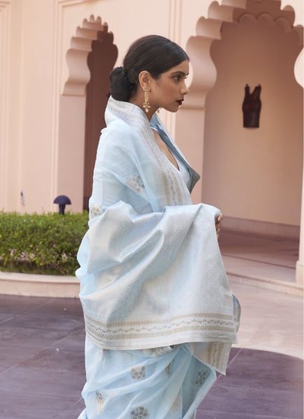 Light Sky Blue Linen Handloom Weaving Festive-Wear Saree
