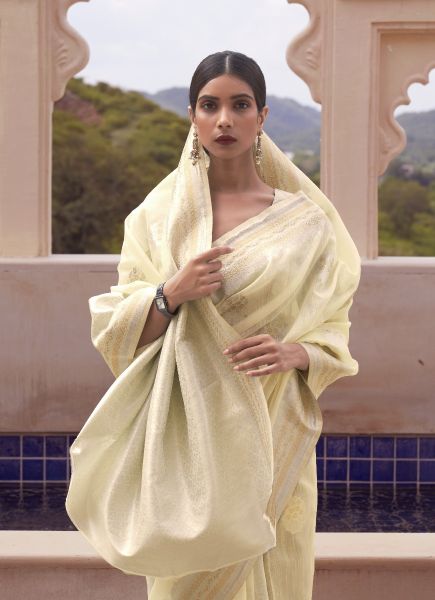 Creamy Yellow Linen Handloom Weaving Festive-Wear Saree