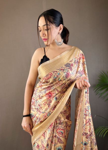 Cream Silk Floral Digitally Printed Festive-Wear Saree