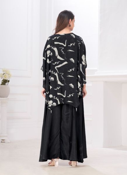 Black Muslin Digitally Printed Resort-Wear Readymade Poncho With Palazzo