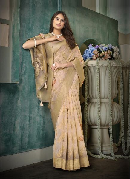 Burlywood Silk Spun Floral Digital Printed Festive-Wear Saree