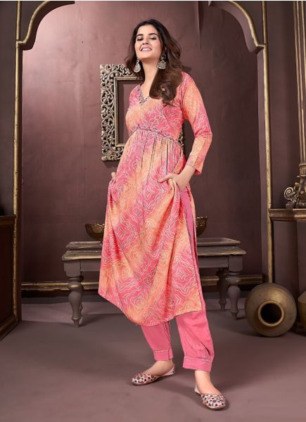 Salmon & Pink Premium Rayon Digitally Printed Festive-Wear Readymade Afghani-Pant Salwar Kameez