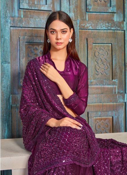 Purple Silk Thread & Sequins-Work Party-Wear Saree