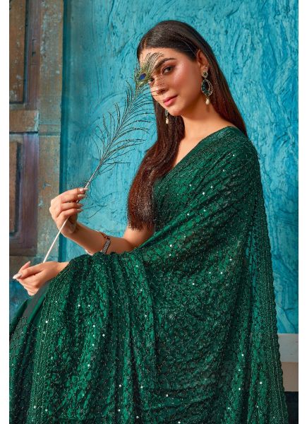 Dark Green Silk Thread & Sequins-Work Party-Wear Saree