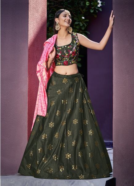 Dark Olive Green Art Silk Embroidery & Sequins-Work Party-Wear Lehenga With Jacket