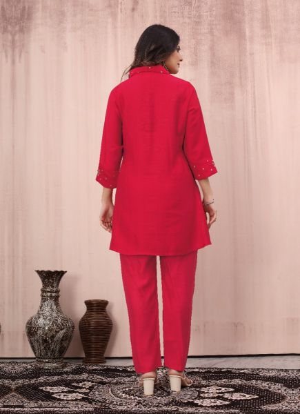Pink Red Chinon Silk Handwork Party-Wear Co-Ord set