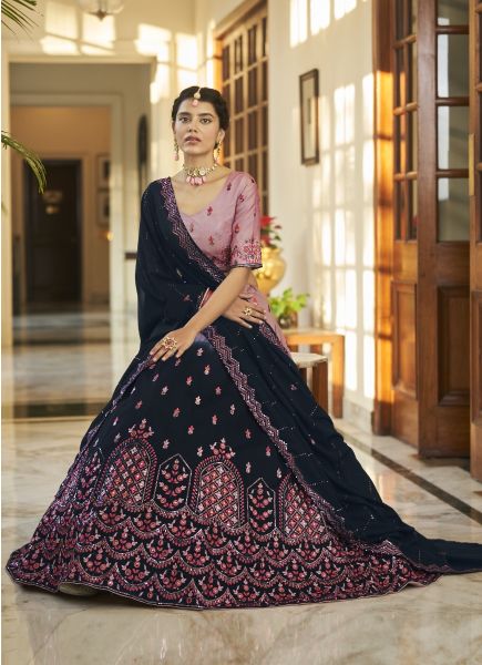 Dark Navy Blue & Lilac Art Silk Sequins, Embroidery, Mirror & Thread-Work Wedding-Wear Stylish Lehenga Choli