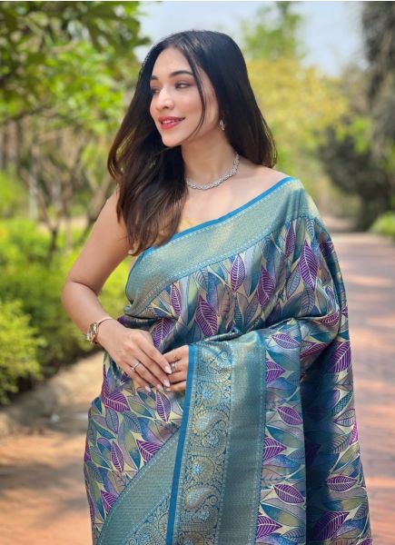 Sea Blue Kanchipattu Silk Floral Digitally Printed Saree For Traditional / Religious Occasions