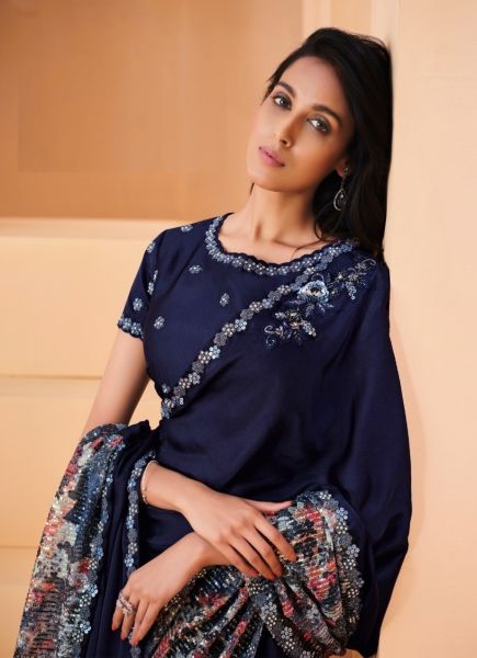 Dark Blue Satin Crape Silk Embroidered Party-Wear Boutique-Style Saree