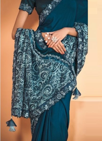 Sea Blue Satin Crape Silk Embroidered Party-Wear Boutique-Style Saree