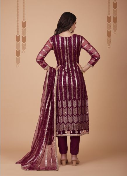 Purple Net Party-Wear Sequins-Embroidered Salwar Kameez