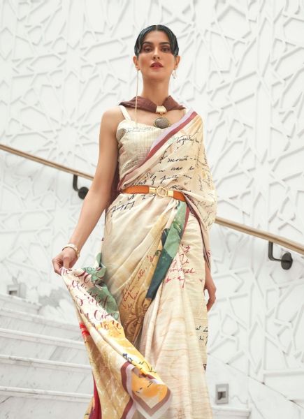 Bone White Silk Crape Digitally Printed Resort-Wear Kalamkari Saree