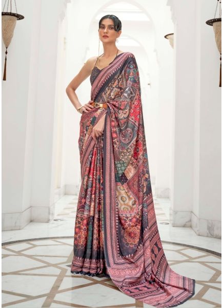 Multicolor Silk Crape Digitally Printed Resort-Wear Kalamkari Saree