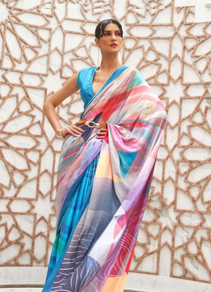 Multicolor Silk Crape Digitally Printed Resort-Wear Kalamkari Saree