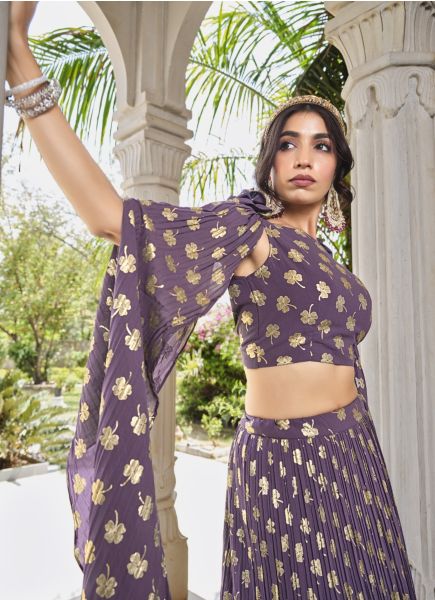 Dull Purple Georgette Foil-Work Party-Wear Stylish Lehenga Choli With Attached Dupatta
