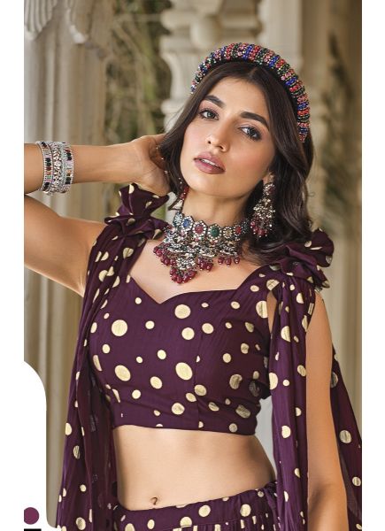 Wine Red Georgette Foil-Work Party-Wear Stylish Lehenga Choli With Attached Dupatta