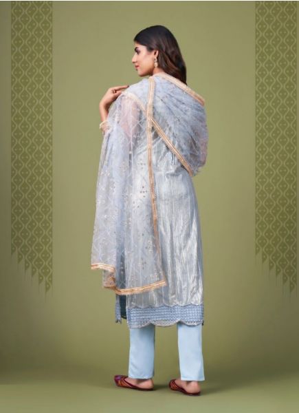 Light Steel Blue Net With Sequins, Embroidery & Thread-Work Festive-Wear Salwar Kameez