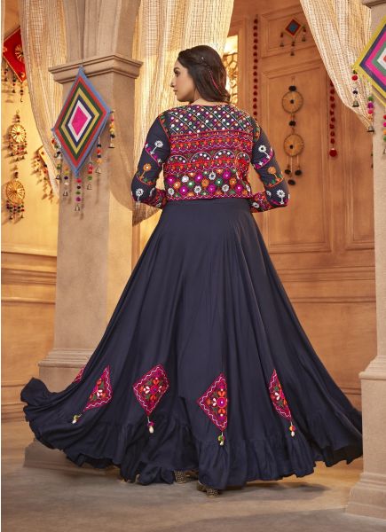 Navy Blue Viscose Rayon Embroidery, Mirror & Thread-Work Navratri Special Readymade Lehenga Choli With Koti