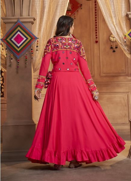 Dark Pink Viscose Rayon Embroidery, Mirror & Thread-Work Navratri Special Readymade Lehenga Choli With Koti