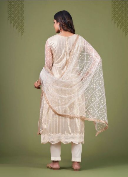 Bone White Net With Sequins, Embroidery & Thread-Work Festive-Wear Salwar Kameez