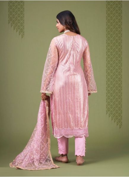 Pink Net With Sequins, Embroidery & Thread-Work Festive-Wear Salwar Kameez