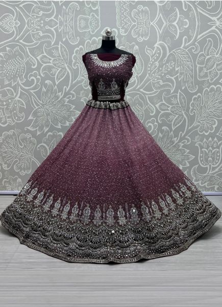 Wine Net With Zari, Embroidery & Mirror-Work Wedding-Wear Bridal Lehenga Choli