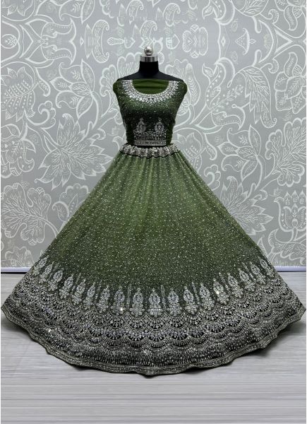 Olive Green Net With Zari, Embroidery & Mirror-Work Wedding-Wear Bridal Lehenga Choli