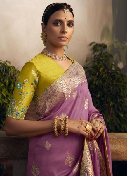 Mauve Pink Dola Silk Embroidered Party-Wear Saree