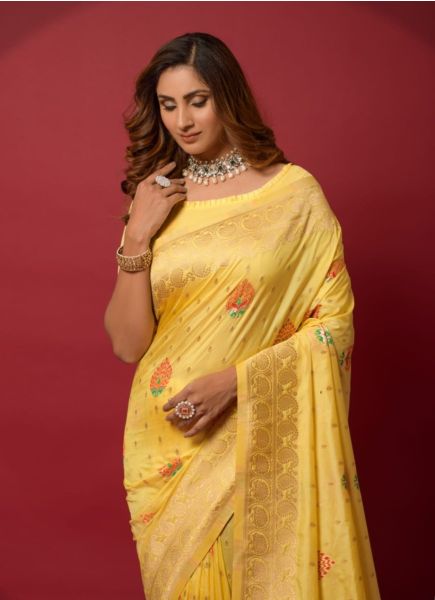 Yellow Minakari Weaving Festive-Wear Soft Silk Saree