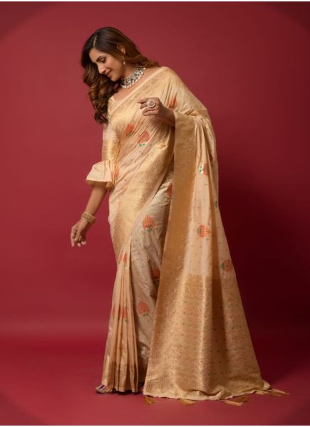 Burlywood Minakari Weaving Festive-Wear Soft Silk Saree