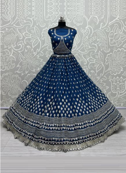 Blue Net Zari, Embroidery & Mirror-Work Party-Wear Stylish Lehenga Choli