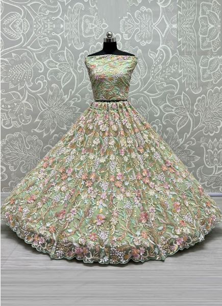 Sage Green Net & Cotton With Sequins, Embroidery & Thread-Work Wedding-Wear Bridal Lehenga Choli