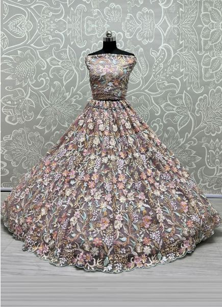 Dark Mauve Net & Cotton With Sequins, Embroidery & Thread-Work Wedding-Wear Bridal Lehenga Choli