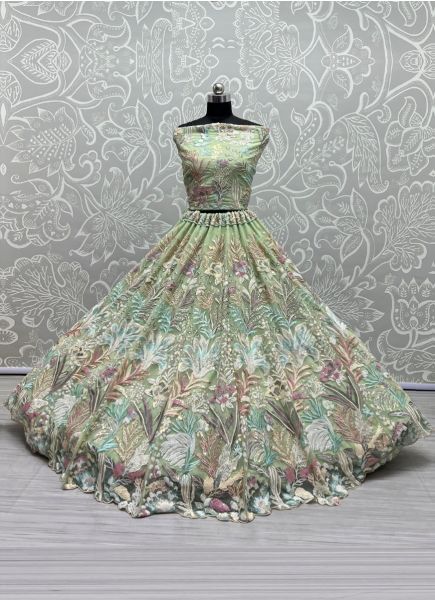 Pista Green Net With Cotton Embroidery, Sequins & Thread-Work Wedding-Wear Stylish Lehenga Choli