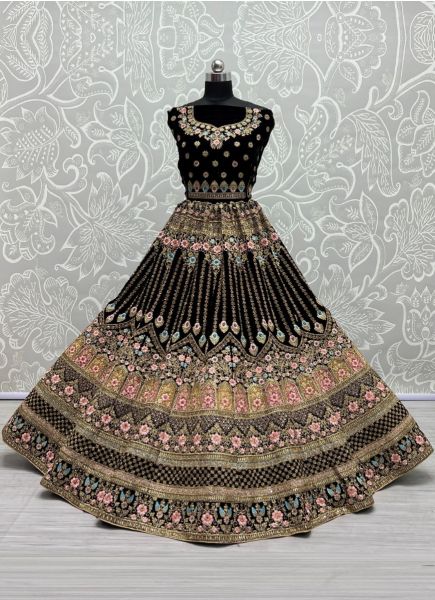 Black Velvet With Embroidery & Handwork Wedding-Wear Bridal Lehenga Choli