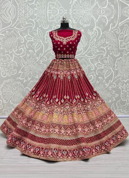 Magenta Velvet With Embroidery & Handwork Wedding-Wear Bridal Lehenga Choli