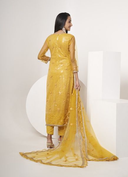 Yellow Net Sequins & Embroidery Work Party-Wear Salwar Kameez