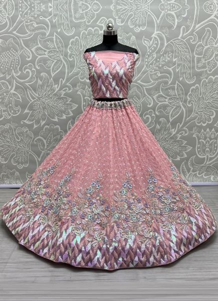 Pink Net Embroidery & Sequins-Work Wedding-Wear Bridal Lehenga Choli
