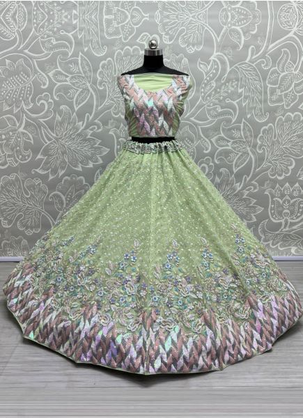 Light Green Net Embroidery & Sequins-Work Wedding-Wear Bridal Lehenga Choli