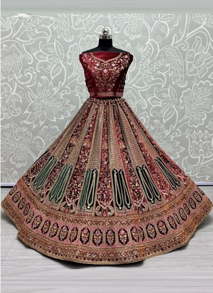 Maroon Velvet Sequins, Embroidery, Diamond & Handwork Wedding-Wear Bridal Lehenga Choli