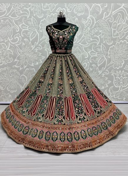 Dark Green Velvet Sequins, Embroidery, Diamond & Handwork Wedding-Wear Bridal Lehenga Choli