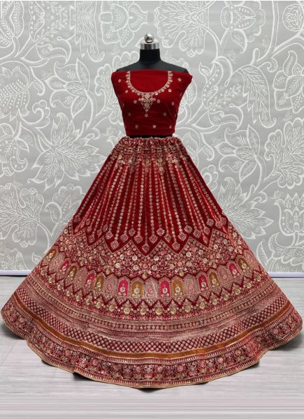 Maroon Velvet With Thread, Embroidery, Diamond & Hand-Work Wedding-Wear Bridal Lehenga Choli