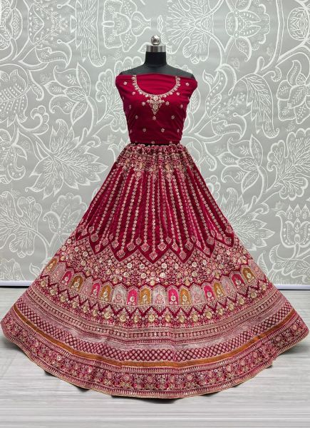 Magenta Velvet With Thread, Embroidery, Diamond & Hand-Work Wedding-Wear Bridal Lehenga Choli