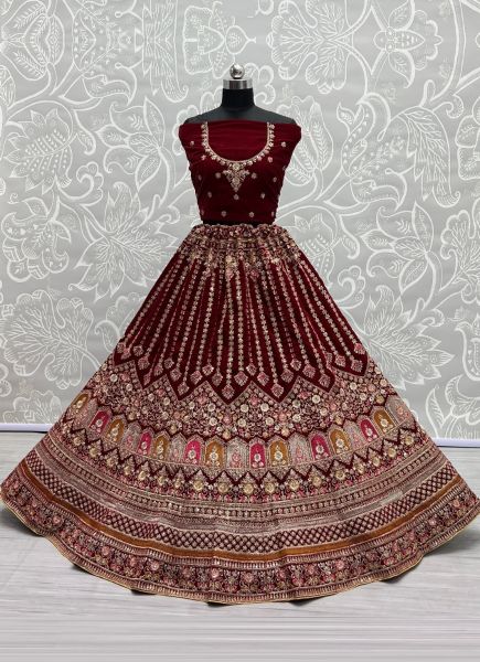 Dark Maroon Velvet With Thread, Embroidery, Diamond & Hand-Work Wedding-Wear Bridal Lehenga Choli