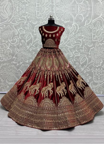 Dark Maroon Velvet Thread, Sequins, Embroidery, Diamond & Handwork Wedding-Wear Bridal Lehenga Choli