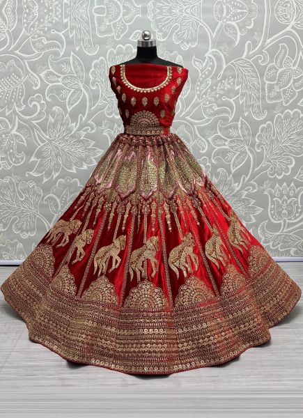 Red Velvet Thread, Sequins, Embroidery, Diamond & Handwork Wedding-Wear Bridal Lehenga Choli