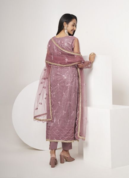 Mauve Pink Net Sequins & Embroidery Work Party-Wear Salwar Kameez