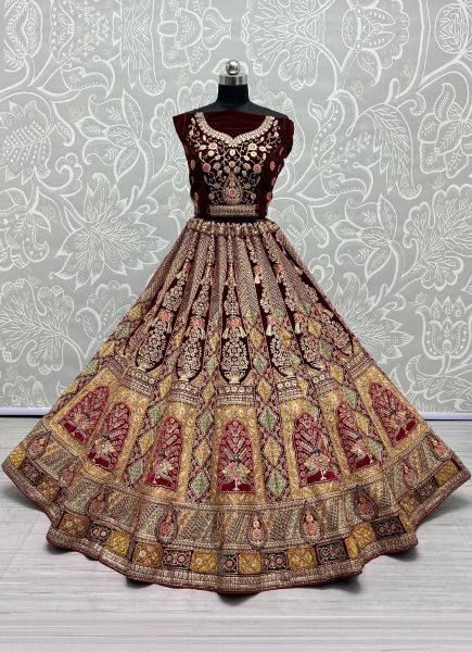 Dark Maroon Velvet Zari, Thread, Embroidery & Hand-Work Wedding-Wear Bridal Lehenga Choli